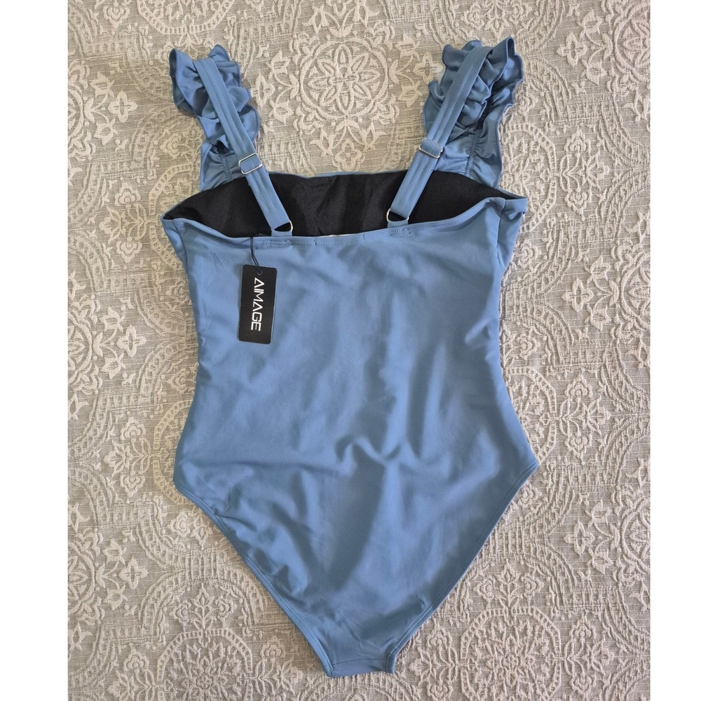AIMAGE Blue Ruched One Piece Swimsuit Ruffle Strap Tummy Control Size Small - Picture 7 of 8